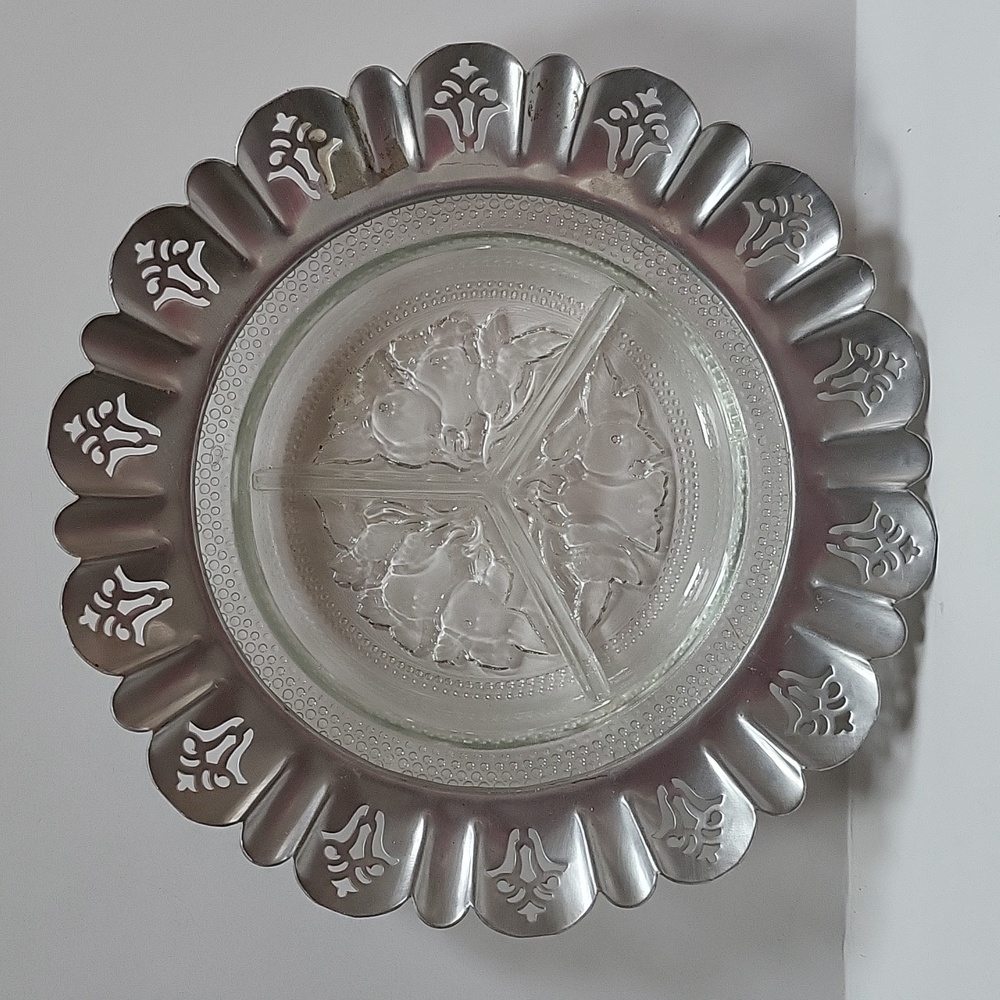 Pear Pattern Hobnail Serving Dish With Aluminum Punch Pattern Border